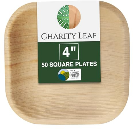 Charity Leaf Disposable Palm Leaf 4 Square Plates (50 pieces) Bamboo Like Serving Platters, Disposable Boards, Eco-Friendly Dinnerware For Weddings, Catering, Events