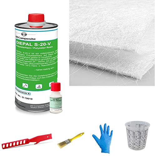 DD Composite Reparatur-Set Auto Boot Motorrad Polyesterharz 1kg plus 20g Härter 1m² Glasfasermatte Pinsel Rührstab Mischbecher Handschuhe vielseitig