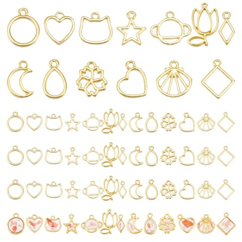 PandaHall 13 Stil Offene Lünette Verbindet Charms 52 stücke Legierung Blume Herz Lünette Anhänger Shell Mond Harz Handwerk Hohlrahmen Stecker Für DIY UV Harz Epoxidharz Ohrring Halskette Schmuck