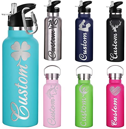 Busparst Personalisierte mit Strohhalm isolierte Wasserflaschen, individuell gravierte Sportwasserflasche mit Namen, maßgeschneiderte Edelstahl-Wasserflasche für Mädchen und Jungen.26oz