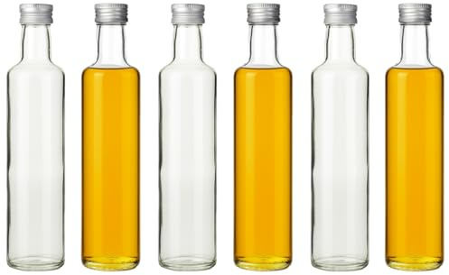 gouveo Lot de 6 bouteilles en verre Dorica de 500 ml avec bouchon à vis PP 31,5 argenté - bouteilles d'huile, de vinaigre, de liqueur, vides pour remplissage automatique (DFT500S)