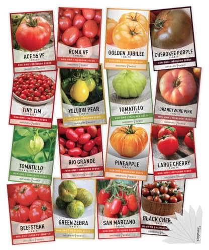 Gardeners Basics, Tomato Seeds for Planting 16 Variety Pack Heirloom Tomato Seeds, Tiny Tim, Cherry Tomato Seeds, Beefsteak Seeds, Roma Tomato Seeds, Determinate and Indeterminate and More, Non GMO
