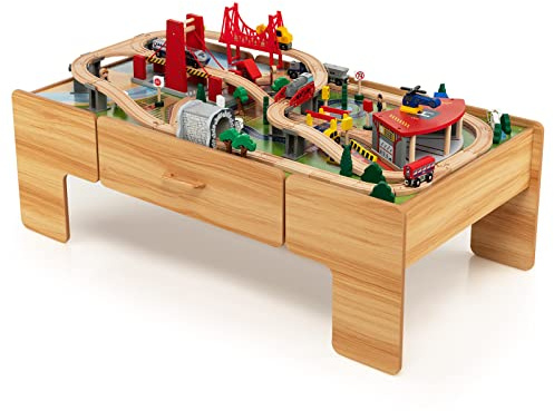 COSTWAY Wooden Train Track Set, 2-in-1 Kids Activity Table with Reversible Tabletop, 100 Pieces Toy and Storage Drawer, Creative Railway Playset for Boys Girls