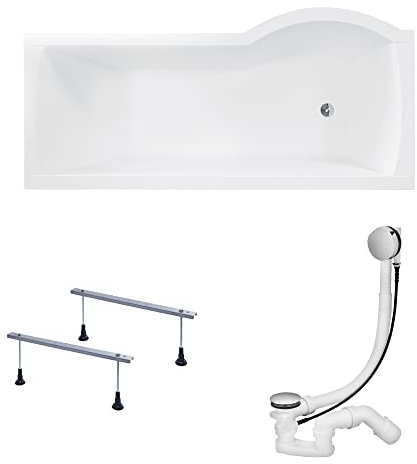 KOLMAN Badewanne INSPIRO Rechteck 150x70 Links ohne Verkleidung + Glasabtrennung, Ablaufgarnitur und Füßen Komplettset 4in1 Premium Original Acryl Wanne Siphon