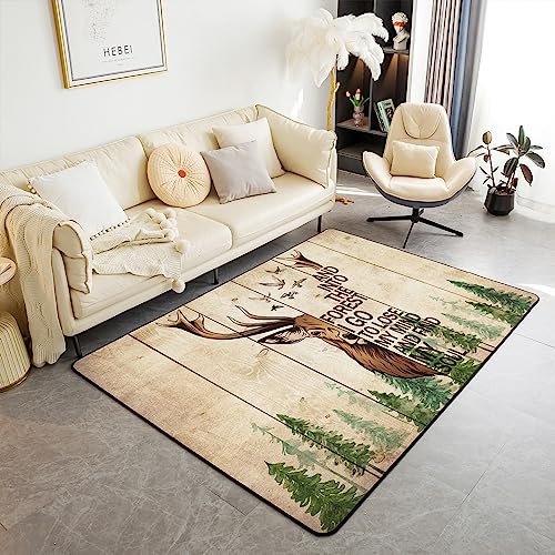 richhome Aquarell Elch Geweih Bereich Teppich 150x200,Retro Vintage Holz Textur Kabine Waschbarer Teppich, Dschungel Abenteuer Wilde Jagd Indoor Fußmatten Schlafzimmer