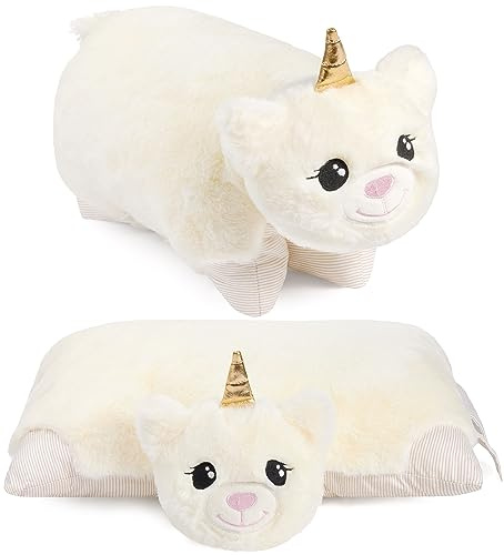 BRUBAKER Kuscheltier-Kissen Einhorn - 2 in 1 Plüschtier und Kuschelkissen | 40 x 30 cm Kuscheleinhorn - aufklappbares Kinder Plüschkissen mit Klettverschluss - Einhornkissen Stofftier - Weiß