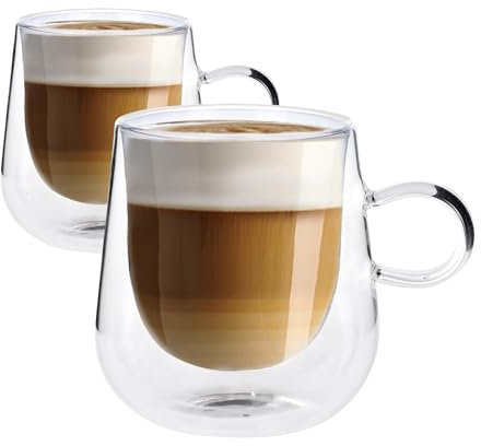 Albert Austin 2X Double Walled Coffee Glass Mugs 275ml - Heat Resistant Borosilicate Glasses, Vacuum Insulated Latte Cups for Milk, Juice, Cappuccino and Chilled Drinks