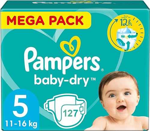 Pampers Couches Taille 5 (11-16 kg), Baby-Dry T5, 127 Couches Bébé, Méga Pack 1 Mois, Jusqu'à 12h Bien Au Sec et Avec Double-Barrière Anti-Fuites