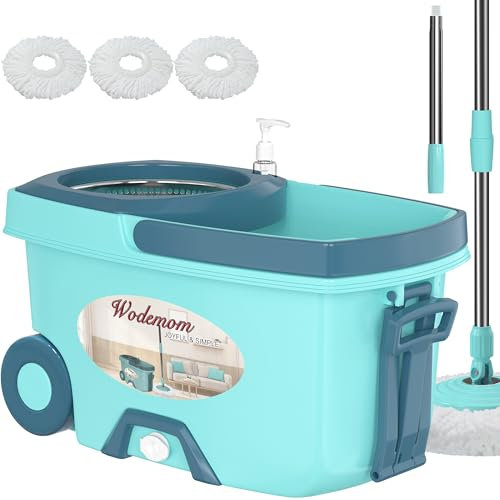 Mopa y cubo con juego de escurridor, sistema de fregona giratoria y cubo, fregonas para limpieza de suelos, herramientas de suministros para el hogar con 3 recambios de repuesto, mango extendido de 61