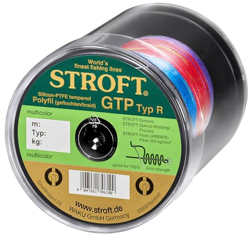 Schnur STROFT GTP Typ R geflochtene Angelschnur 600m multicolor 8-fach PE Braid, hohe Tragkraft, extrem abriebfest, rund & fest geflochten, für Spinnfischen & Raubfisch wie Barsch, Zander & Hecht