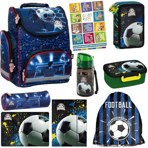 Goldkids - Schulranzen für Jungen und Mädchen, 9er-Set - Schul-Rucksack für Kinder mit Federmäppchen - Schuhbeutel Malunterlage Sammelmappe und Hausaufgabenheft - Fußball Motiv - 1-3 Klasse