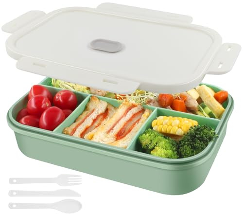 HUAERSICO Brotdose mit 4 Fächern Erwachsene & Kinder, Lunchbox 1400ml Grün