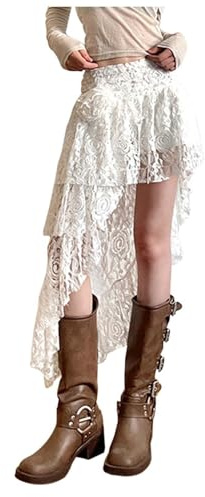 Beokeuioe Women's Y2k Short Skirt with Lace Ruffle, A2 White 2, S