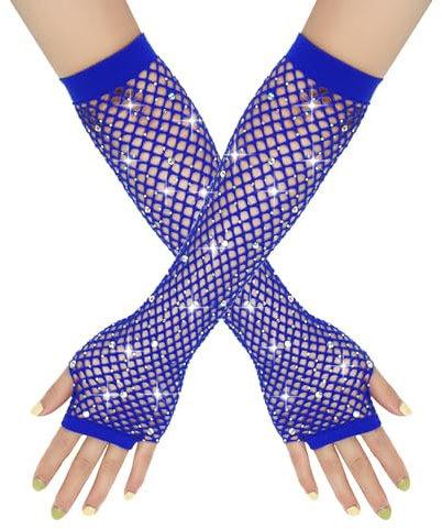 BrightGlow Netzhandschuhe Damen Lang Fischnetz Fingerlose Handschuhe Strass Mode Lang Netz Mesh Handschuhe Abendhandschuhe Opernhandschuhe für 80er Jahre Kostümparty Zubehör