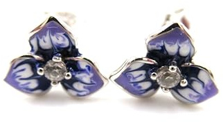 925 Sterling Silver Stud Earrings, Purple and White Enamel Pansy Flower Design