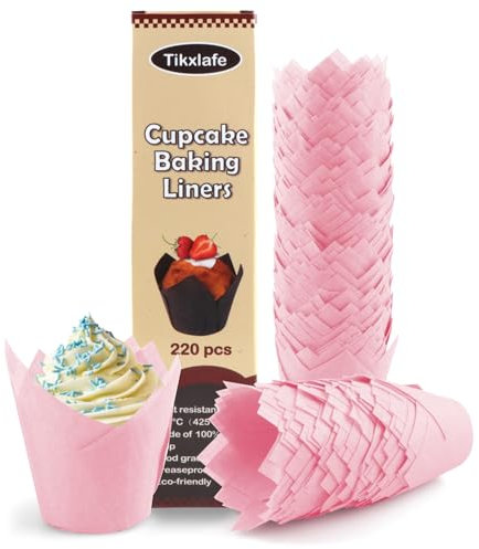 220pcs Tulip Cupcake Liners for Baking Cups,Greaseproof Cupcake Wrappers in Standard Size,Parchment paper Tulip Muffin Liners,Pink