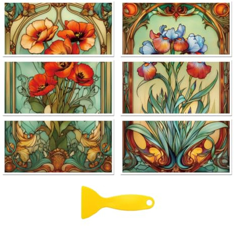 Peacoblue UV DTF Rub-On Transferfolie Möbel-Sticker Jugendstil-Blumen Muster 15x30cm, 3 Stk. Wasserfeste Deko-Transferaufkleber für Möbel Glas Gläser Porzellan Wäscheschränke Kommoden Holz Kunststoff