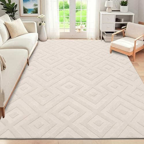 SHACOS Tapis de Salon Grand à Poil Court 200x290cm, Tapis Descente de Lit Chambre, Adulte Doux Moderne Antidérapant Décoratif à Motif Géométrique pour Salon, Chambre, Beige