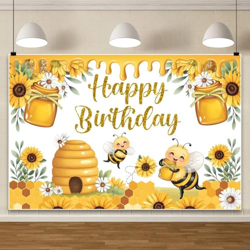 Ttincceer 2.2x1.5m Feliz Cumpleaños Telón de Fondo Lindo Abeja Tarro de Miel Girasol Bebé Ducha Fotografía Fondo Acuarela Hojas Margarita Niños 1er Cumpleaños Fiesta Suministros Pastel Mesa Bandera