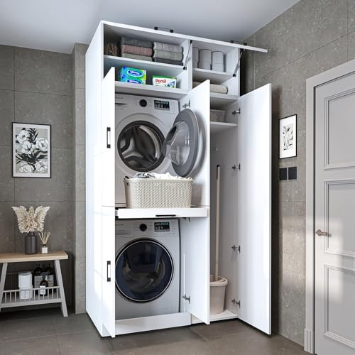 Roomart - Armadietto per lavatrice e asciugatrice Dora in 4 colori, con ante e pannello scorrevole, in rovere bianco, rovere antracite, altezza 230 cm