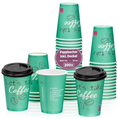 MH QUALITY 200x Kaffeebecher to go einwandig Grün 300 ml / 12 Oz mit Deckel Schwarz 200 Stück