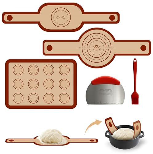 Anhow Tapete de Silicona para Hornear, 5-teiliges Set mit Brotbackzubehör für Dutch Ovens Enthält Brotschlinge, rechteckige Backmatte für Macarons aus Silikon 30 x 21 cm, Teigausstecher und Ölpinsel