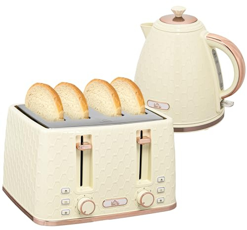 HOMCOM Wasserkocher Toaster Set 1,7L Wasserkocher 4 Toastscheiben Frühstücksset mit 7 Bräunungsstufen, automatischer Abschaltung, Auftau- & Aufwärmfunktion und Krümelfach, Beige