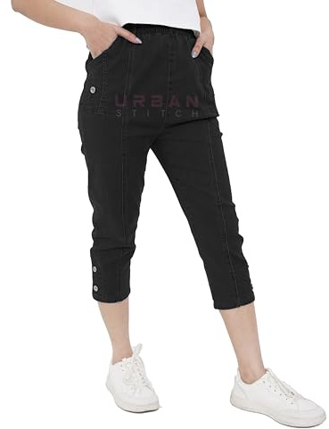 URBAN STITCH Womens Capri Trousers Ladies Three Quarter Soft 3/4 Cropped Pants UK Ladies Stretch Pull on Trousers Elasticated Waist Plus Size Summer Shorts