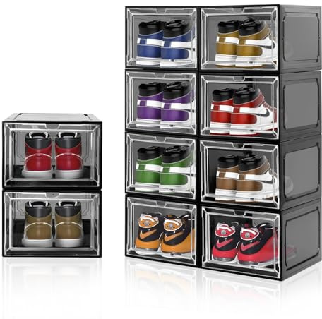 LQCHETOU 10 transparente Schuhboxen, stapelbar, Schuh-Aufbewahrungsboxen für Schrank, stabile Schuhbox mit transparenter Tür, Sneaker-Aufbewahrung, einfach zu montieren, passend für Größe 46 (grau, 10