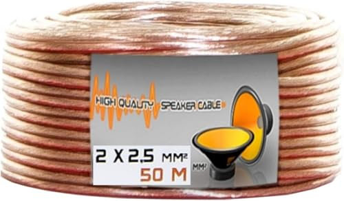Câble de haut-parleur CCA - 50 m - 2 x 2,5 mm² - Isolé - Transparent - Avec marquage de polarité - Câble audio Hi-Fi - 2 x 2,5 mm
