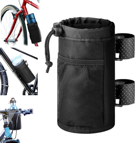 Garegce 1PCS Bike Cup Holder with Mesh Pockets Phone Bag, Water Bottle Holder with Drain Hole, Universal Waterproof Drink Bag with Drawstring for Handlebar Mountain Bike, Road Bicycle Wheelchair