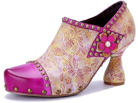 Läderpumpar, kvinnor färgglada vintage blockklack pumps Oxfordskor snörning Mary Jane-skor mitten kattunge häl halkskydd bröllop fest skor sommar vinter ankelstövel, Rosa, 40.5 EU