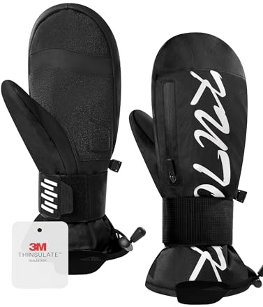 KUTOOK Ski Mittens Women Wrist Guard Touchscreen Snow Mitts with Pocket Men Winter Waterproof Gloves for Snowboarding Skiing Mountaineering Black M