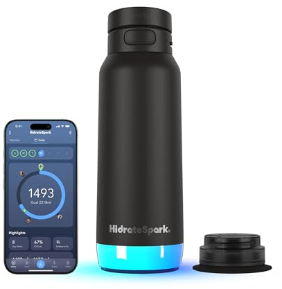 HidrateSpark PRO 2 – Bouteille D’Hydratation Intelligente avec Rappels & Suivi D’Eau, 946 ml Acier Inoxydable – Se Synchronise avec Apple Health, Fitbit, Bagues & Montres Connectées – Chug Noir