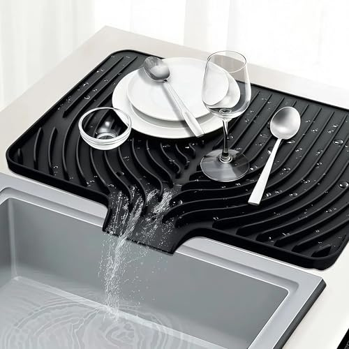 HUA JET Silikon Abtropfmatte Geschirr mit Ablauf – 50 x 43 cm Silikon Geschirr Abtropfmatte, geneigte Fläche, BPA-frei, hitzebeständig & rutschfest – Geschirrtrockenmatte für Spüle und Arbeitsplatte