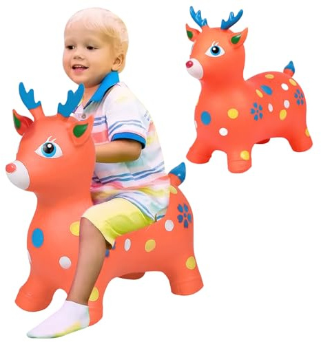 Animales inflables Lindos ciervos inflables para niños pequeños montan en caballos saltarines juguetes de ciervos hinchables para Navidad, cumpleaños, bebés, niñas mayores de 3 años, naranja, decorac