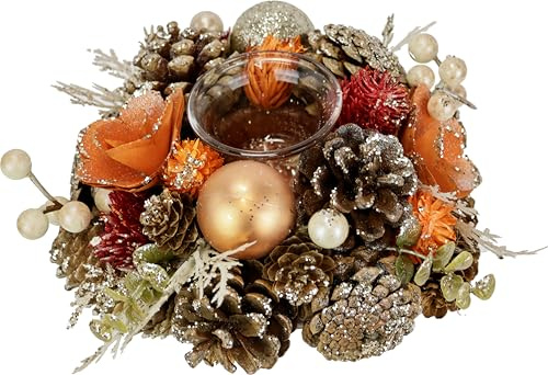 Natur-Teelichthalter aus Trockenblumen Zapfen Christkugeln Beeren mit Glaseinsatz 20cm Weihnachtsdeko Tischdeko Adventsdeko Naturdeko Kerzenhalter Teelichthalter Weihnachten