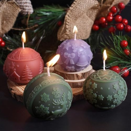 Kerzenformen Silikon Weihnachten, Silikonformen Gießformen Weihnachten Kerzen Formen Silikon, 3D Silikonform Kerzen, Kugel Seife Kerzen Silikonformen, Kerzenformen zum Gießen, Kerzenform Winter (4Stk)