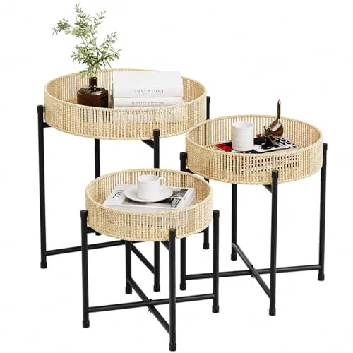 Bamworld Beistelltisch 3er Set Rund Boho Beistelltische mit Rattan Tablett & Metall Gestell Kleiner Tisch für Wohnzimmer Schlafzimmer Balkon Garten Beistelltisch Outdoor Indoor Ø44/39/35 H51/43/35cm