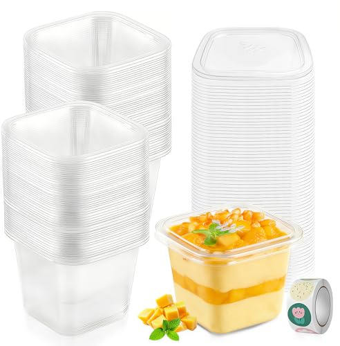 Kokoie 50 Stück Dessertbecher plastik mit deckel, 400ml Wiederverwendbar Transparent Desserttassen Runden Dessertschalen für Desserts Pudding Mousse Eis Zuhause (50, 400ml)