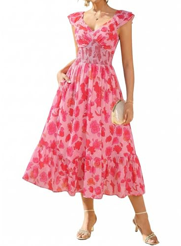 GRACE KARIN Abito estivo da donna con tasche, scollo a V, maniche arricciate con punto smock, abito da donna UK, abiti da sposa per le vacanze, abiti da spiaggia boho, Rosa-rosso Floreale, XL