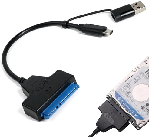LYMISPIYA Câble SATA Vers USB 3.0/USB‑C, Adaptateur SATA USB 2‑En‑1 pour Disque Dur 2,5 (SATA III) Compatible HDD/SSD 2.5 avec UASP/Trim, SATA to USB Compatible Windows/MacOS/ChromeOS/Linux