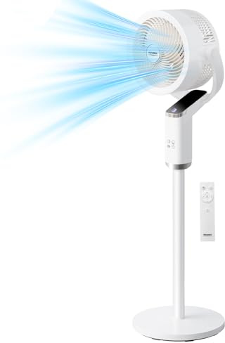 ROVSUN 43 Silent Pedestal Fan for Bedroom, 90°+90° Omni-directional Cooling Fan, 8 Speeds, 3 Modes, 9H Timer, Stand & Tabletop Fan with Remote, Adjustable Height Air Circulator, LED Display, White