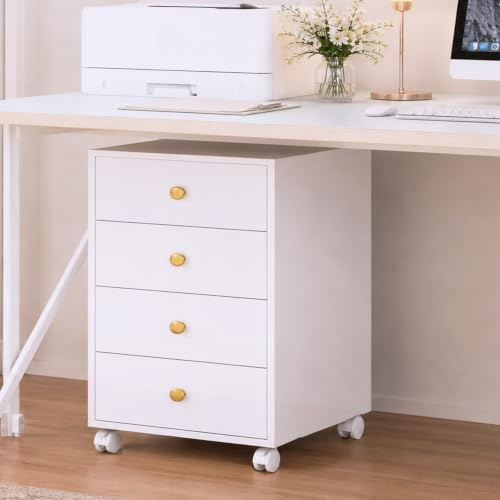 JanflyHome Rollcontainer mit 4 Schubladen, Mobiler Aktenschrank mit Rädern | Druckerständer, Aktenschrank mit Glasplatte, für Homeoffice, Büro, 40 x 30 x 50 cm, Weiß