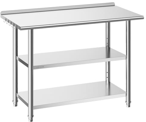 VEVOR Tavolo da Lavoro per Cucina 3 Ripiani, Tavolo per Ristorazione Acciaio Inox Senza Ruote 3 Ripiani 1219 x 610 x 864 mm Piano di Lavoro Carico max 245 kg, Preparazione Ristorante Hotel Catering