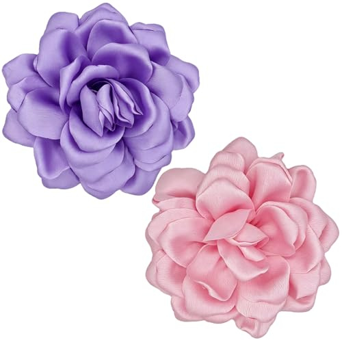Uppsättning av 2 rosor blombrosch stor, rosenblombrosch, lämplig för bröllop, fester, halsdukar, klänningar och kostymtillbehör (lila, rosa)