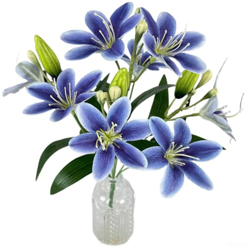 Bouquet di fiori di giglio artificiali realistici con steli flessibili per matrimoni, eventi, decorazione della casa, blu (blu)