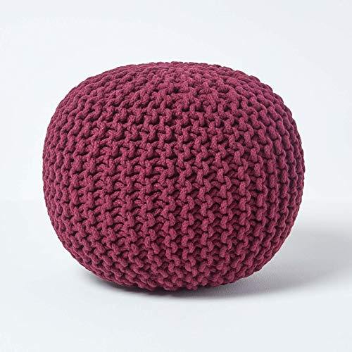 HOMESCAPES Pouf poggiapiedi lavorato a maglia, imbottito, 100% cotone, per soggiorno, bambini o anziani, colore: prugna