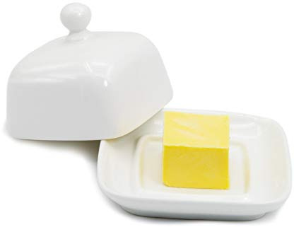 NAGU Mini Square Butter Dish with Lid, White Procelain Domed Cheese Dish with Handle Individual Serving Small Butter Tray, Cute Ceramic Dessert Serving Bowl for Table, Countertop, Refrigerator