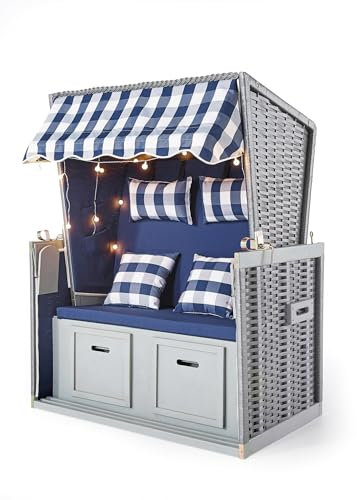 Wohnando Strandkorb XXL Blau Weiß für Zwei Personen inklusive LED - Maritimes Flair für Garten & Terrasse